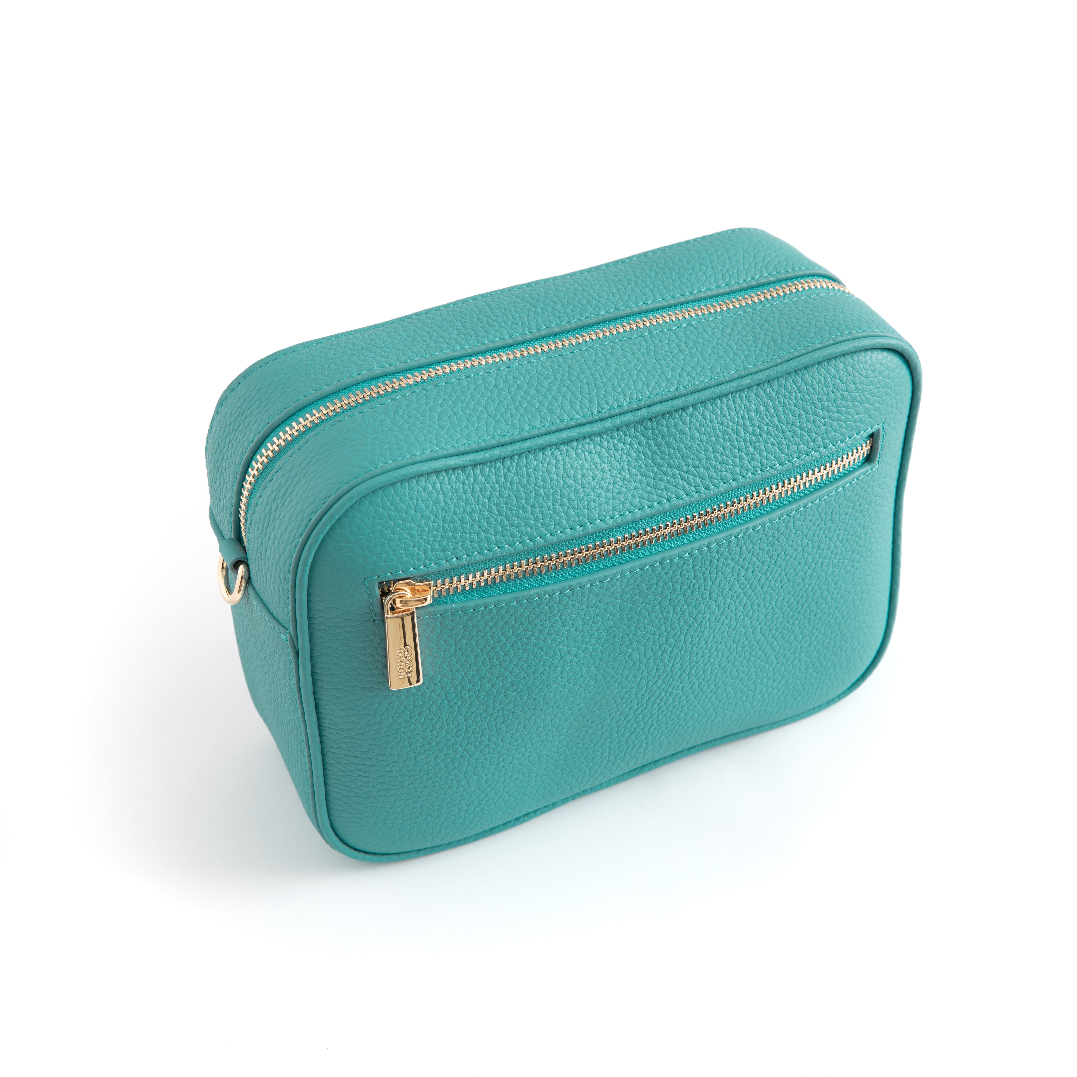 Teal rectangular bag with gold zippers on a white background