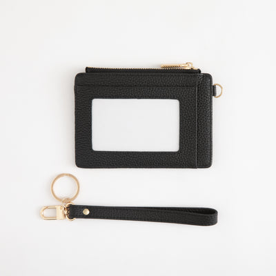 Black wallet with a keychain on a white background