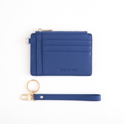 Blue cardholder with wrist strap on a white background