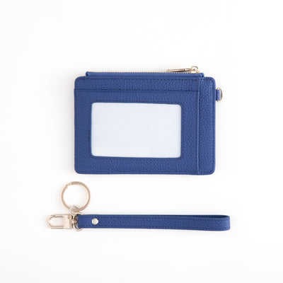 Blue cardholder with a detachable wrist strap on a white background