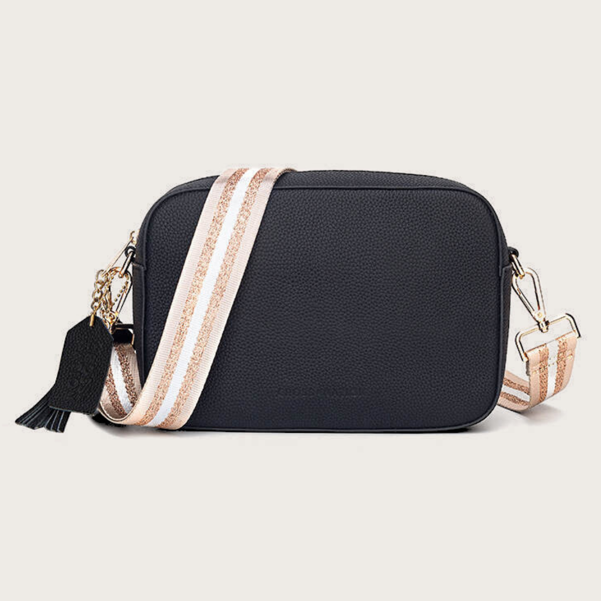Beige Metallic Stripe Crossbody Bag Webbing Strap Cross Nation